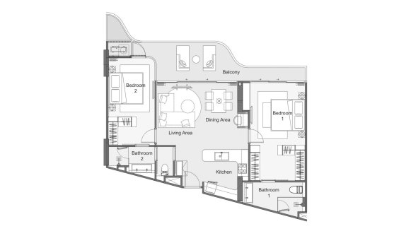 Планировка кондомониума 2 спальни в ЖК Laguna Golf Residences Hibiscus № 11011 (2D)
